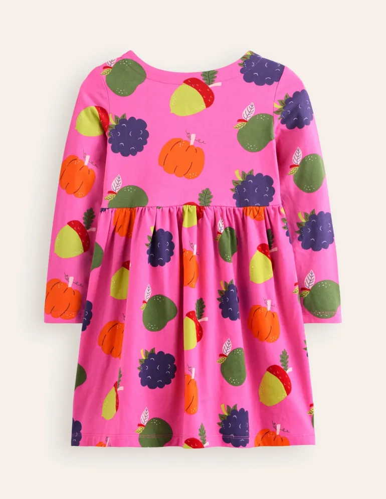 Long-Sleeved Fun Jersey Dress-Tickled Pink Autumn Friends-Boden Clearance