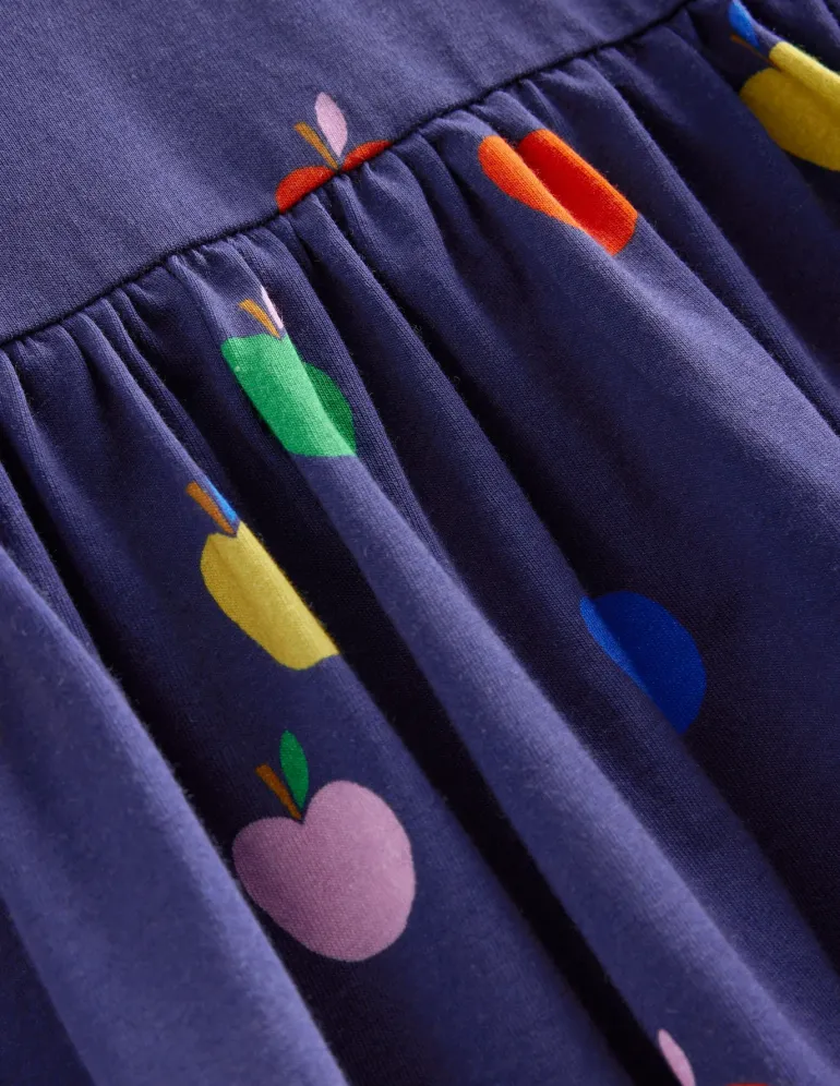 Long-Sleeved Fun Jersey Dress-College Navy Rainbow Apples-Boden Clearance