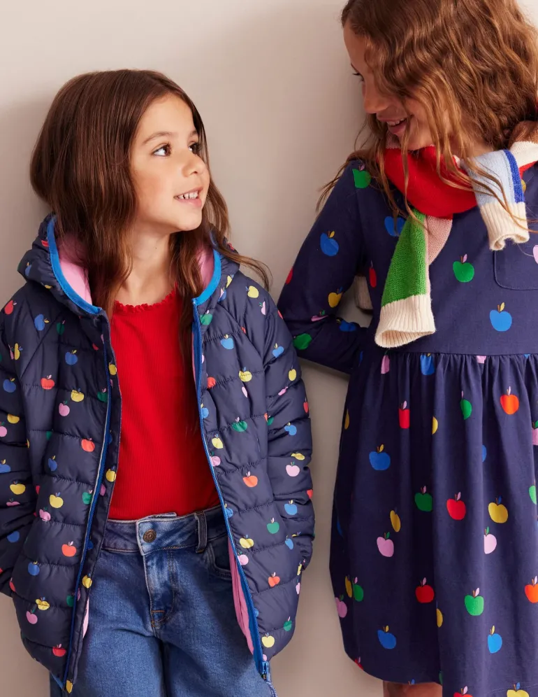 Long-Sleeved Fun Jersey Dress-College Navy Rainbow Apples-Boden Clearance