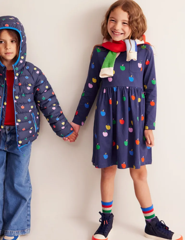 Long-Sleeved Fun Jersey Dress-College Navy Rainbow Apples-Boden Clearance