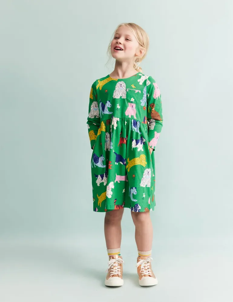 Long-Sleeved Fun Jersey Dress-Green Park Play Pets-Boden Fashion