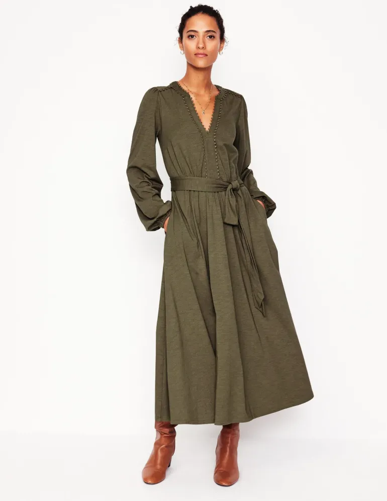 Maeve Trim Jersey Midi Dress-Classic Khaki-Boden Online