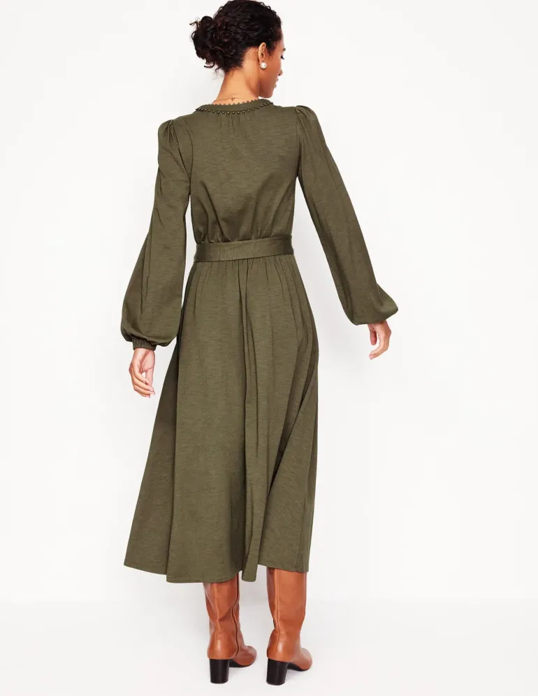 Maeve Trim Jersey Midi Dress-Classic Khaki-Boden Online