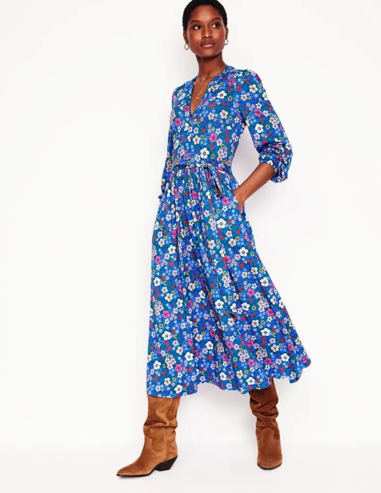 Maeve Trim Jersey Midi Dress-Gallery Blue, Blossom Scatter-Boden Hot