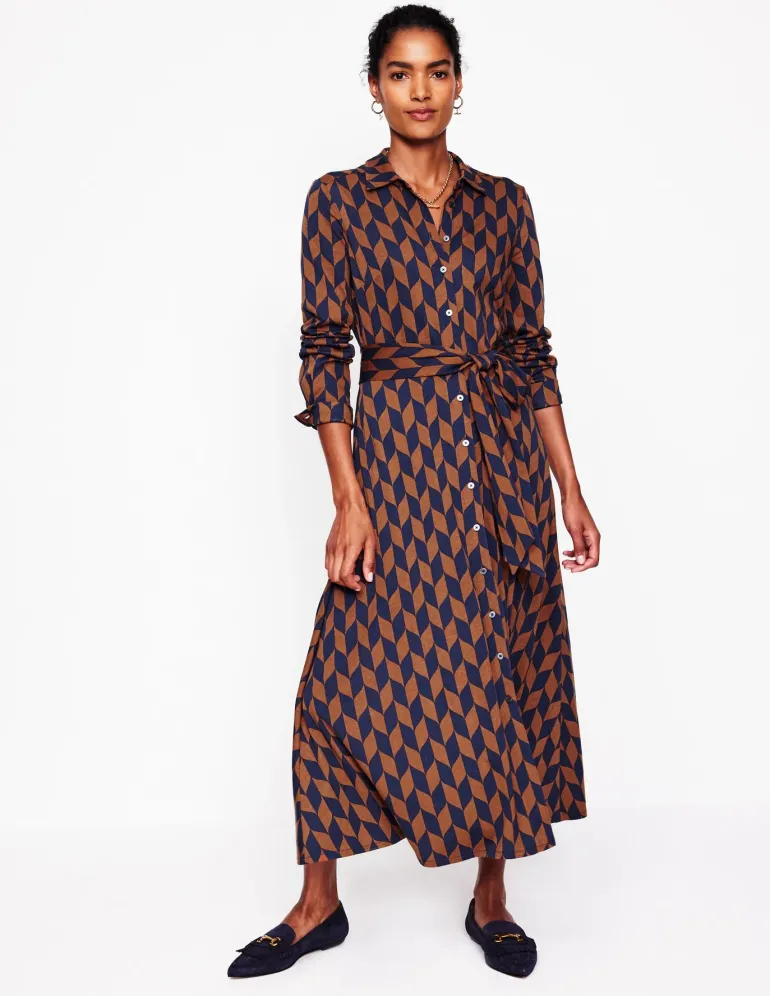Marcia Jersey Midi Shirt Dress-Cognac, Chevron Swirl-Boden Clearance
