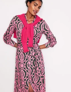 Marcia Jersey Midi Shirt Dress-Party Pink, Foliage Stamp-Boden Fashion