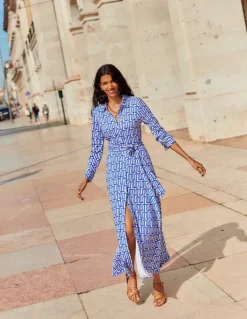 Marcia Jersey Midi Shirt Dress-Sapphire Blue, Falling Geo-Boden Clearance
