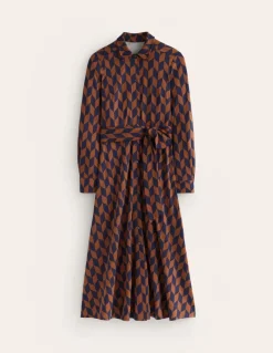 Marcia Jersey Midi Shirt Dress-Cognac, Chevron Swirl-Boden Clearance