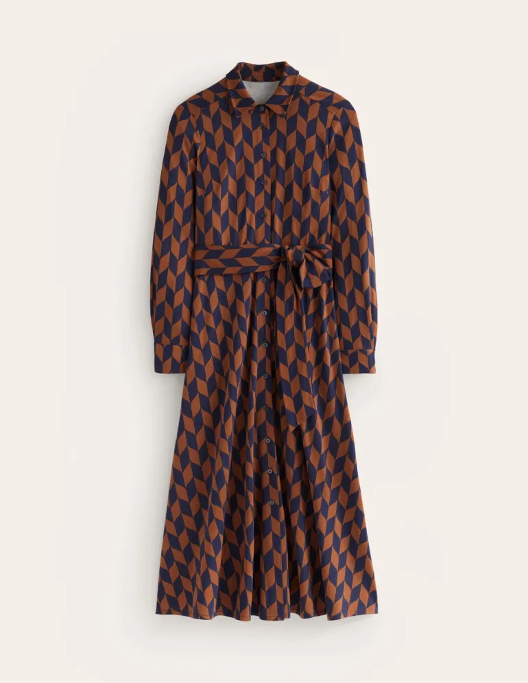 Marcia Jersey Midi Shirt Dress-Cognac, Chevron Swirl-Boden Clearance