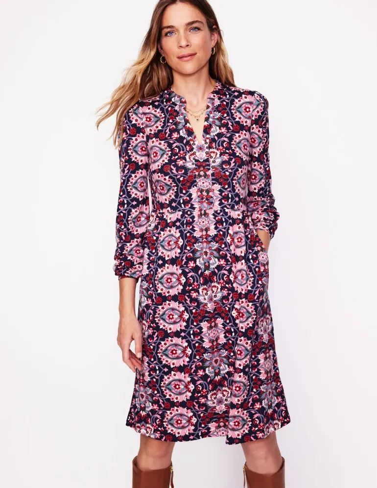 Naomi Relaxed Jersey Dress-Old Rose, Bloom Trellis-Boden Outlet
