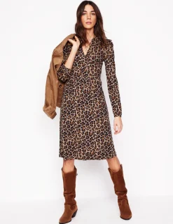 Naomi Relaxed Jersey Dress-Camel, Cheetah Pop-Boden Shop
