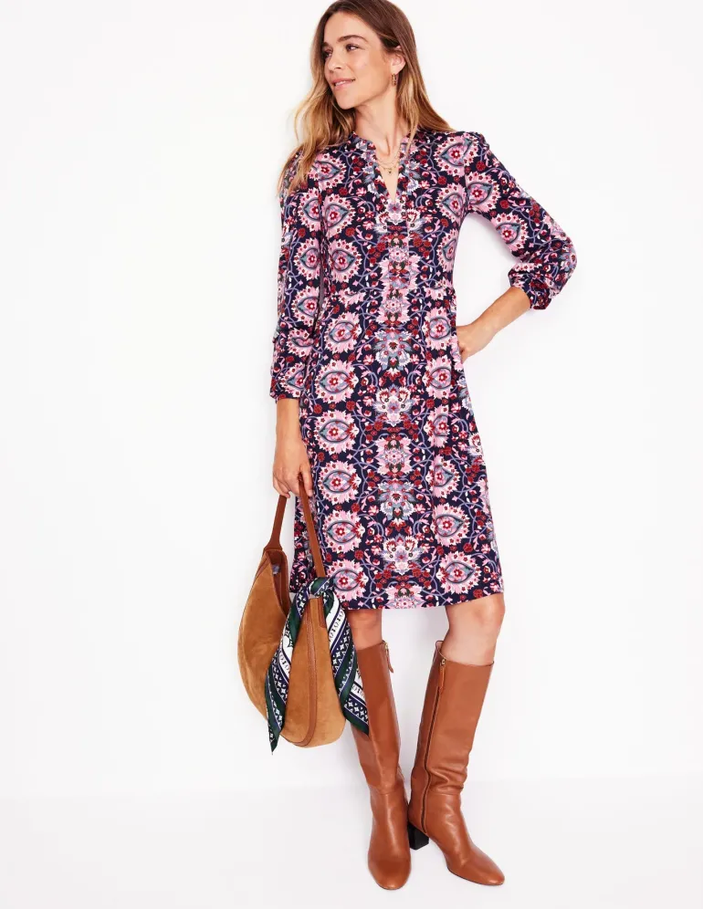 Naomi Relaxed Jersey Dress-Old Rose, Bloom Trellis-Boden Outlet