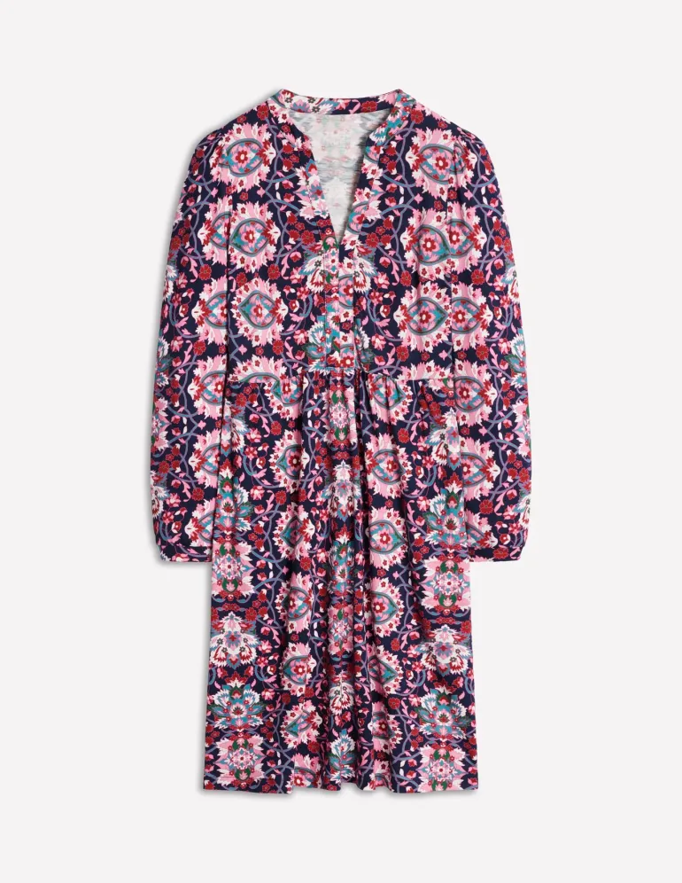Naomi Relaxed Jersey Dress-Old Rose, Bloom Trellis-Boden Outlet