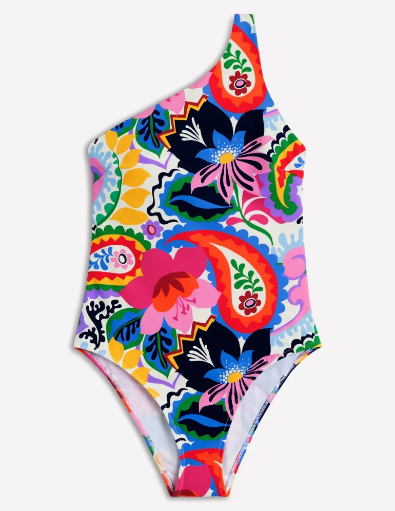 One Shoulder Swimsuit-Ivory, Botanical Paisley-Boden Clearance