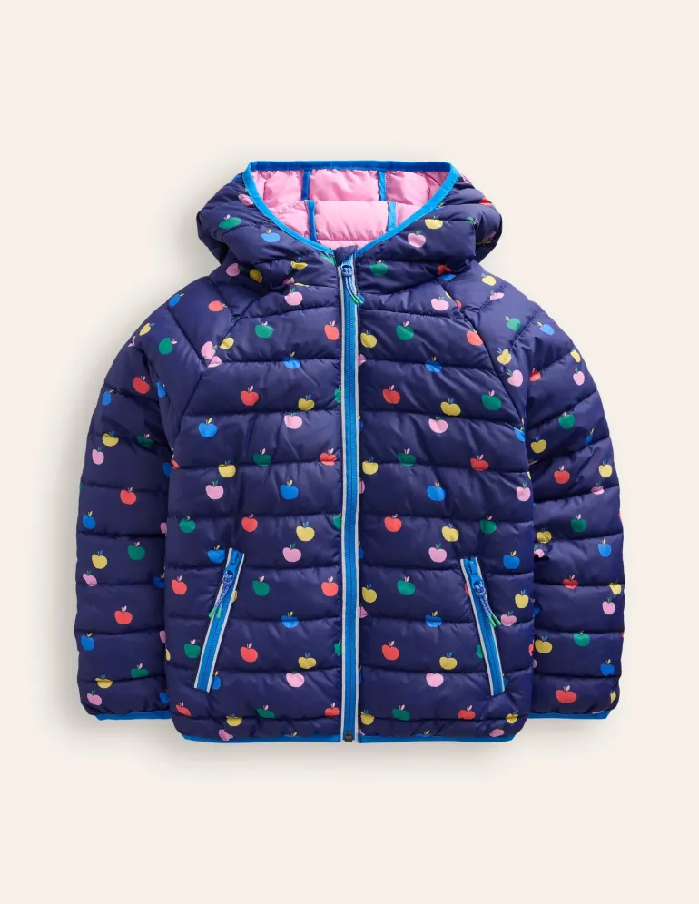 Pack-Away Padded Jacket-College Navy Rainbow Apples-Boden Clearance