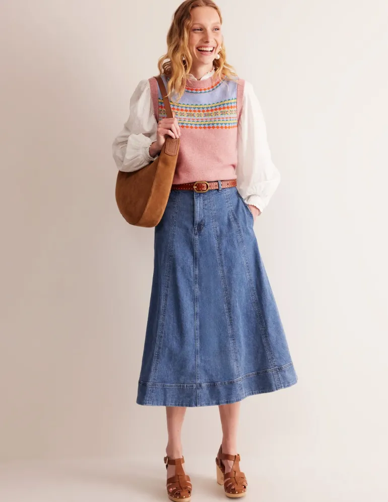Panelled Full Denim Skirt-Mid Vintage-Boden Cheap