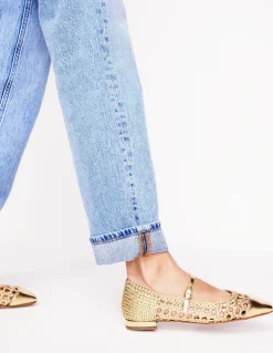 Penelope Mary Jane Flat-Gold Woven Leather-Boden Clearance