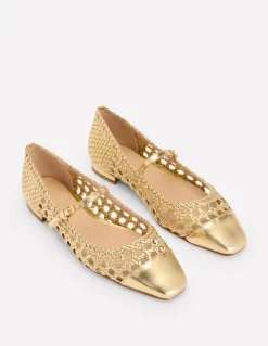 Penelope Mary Jane Flat-Gold Woven Leather-Boden Clearance