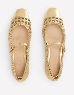 Penelope Mary Jane Flat-Gold Woven Leather-Boden Clearance