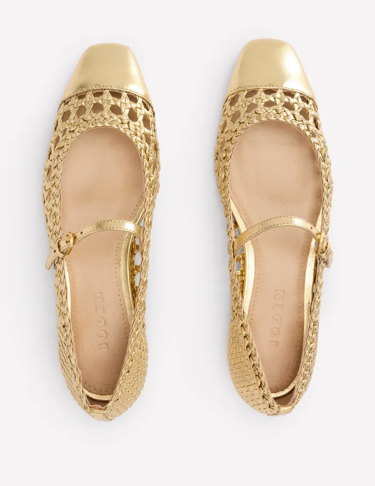 Penelope Mary Jane Flat-Gold Woven Leather-Boden Clearance