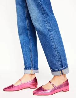 Penelope Mary Jane Flat-Pink Peacock Metallic Leather-Boden Hot
