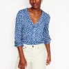 Poppy Ruffled Henley Top-Blue River, Abstract Spot-Boden Clearance