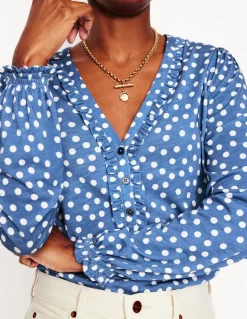 Poppy Ruffled Henley Top-Blue River, Abstract Spot-Boden Clearance
