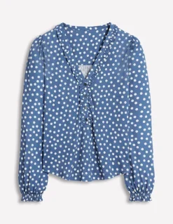 Poppy Ruffled Henley Top-Blue River, Abstract Spot-Boden Clearance