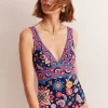 Porto V-Neck Swimsuit-Mandarin Red, Botanical Sprig-Boden Sale