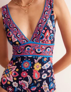 Porto V-Neck Swimsuit-Mandarin Red, Botanical Sprig-Boden Sale