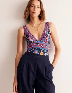 Porto V-Neck Swimsuit-Mandarin Red, Botanical Sprig-Boden Sale