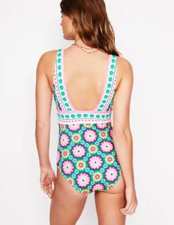 Porto V-Neck Swimsuit-Multi, Flower Tile-Boden Best Sale