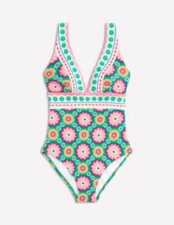 Porto V-Neck Swimsuit-Multi, Flower Tile-Boden Best Sale