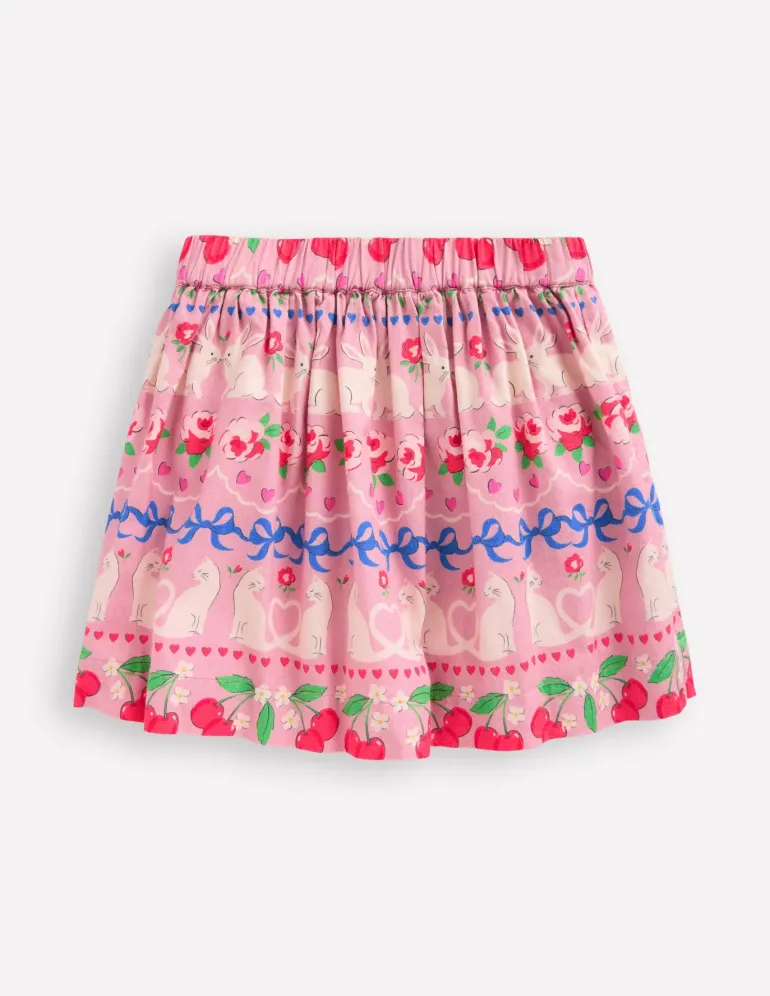 Printed Pull-On Twirly Skirt-Pink Valentines Bunny Stripe-Boden Outlet