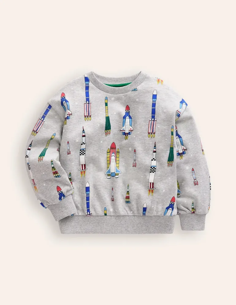 Printed Sweatshirt-Grey Marl Rockets-Boden Outlet