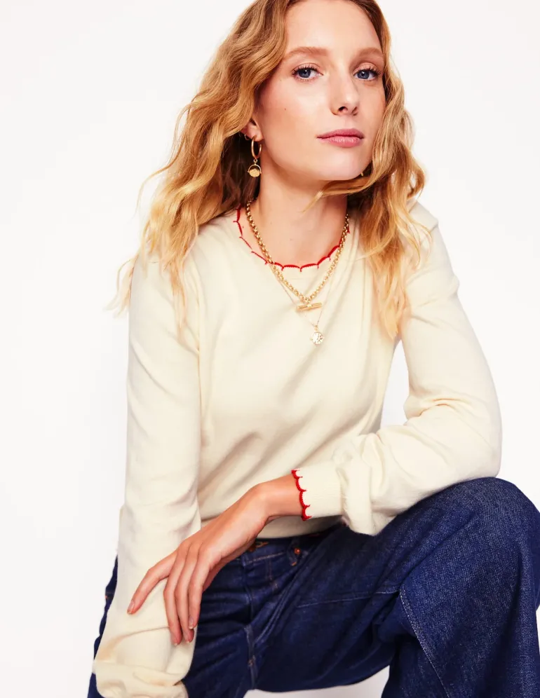 Pru Scallop Trim Sweater-Warm Ivory-Boden Shop