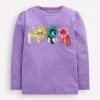 Puff Sleeve Applique T-shirt-Aster Purple Flower Cats-Boden Online