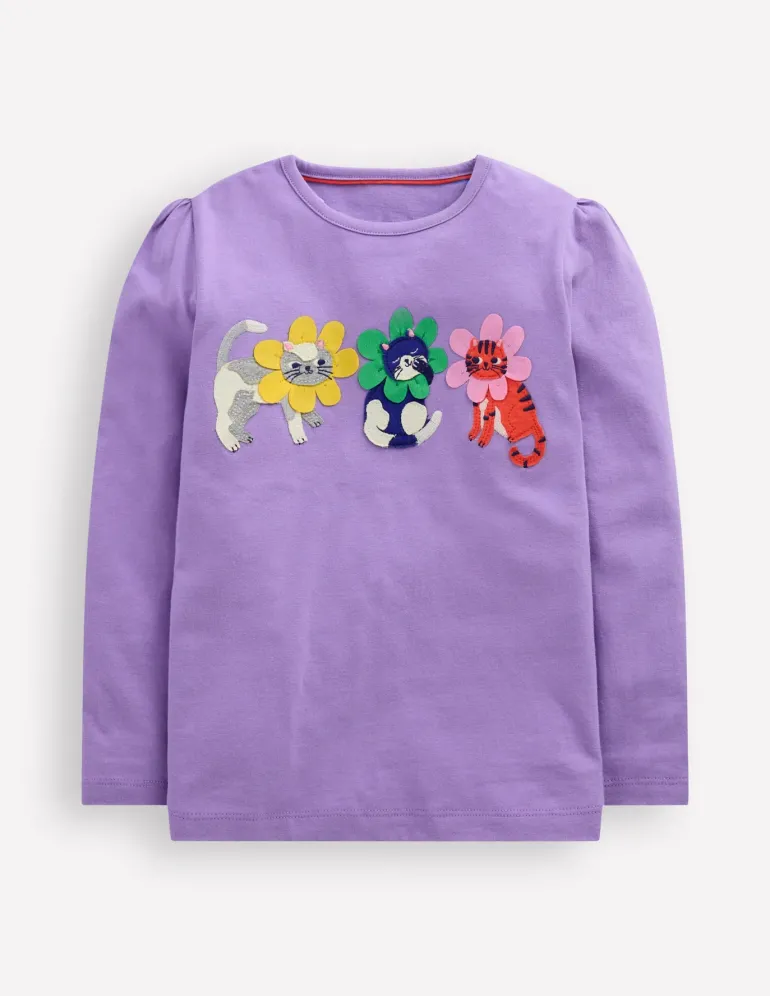 Puff Sleeve Applique T-shirt-Aster Purple Flower Cats-Boden Online