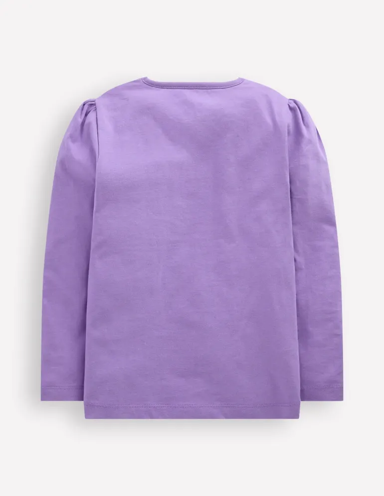 Puff Sleeve Applique T-shirt-Aster Purple Flower Cats-Boden Online