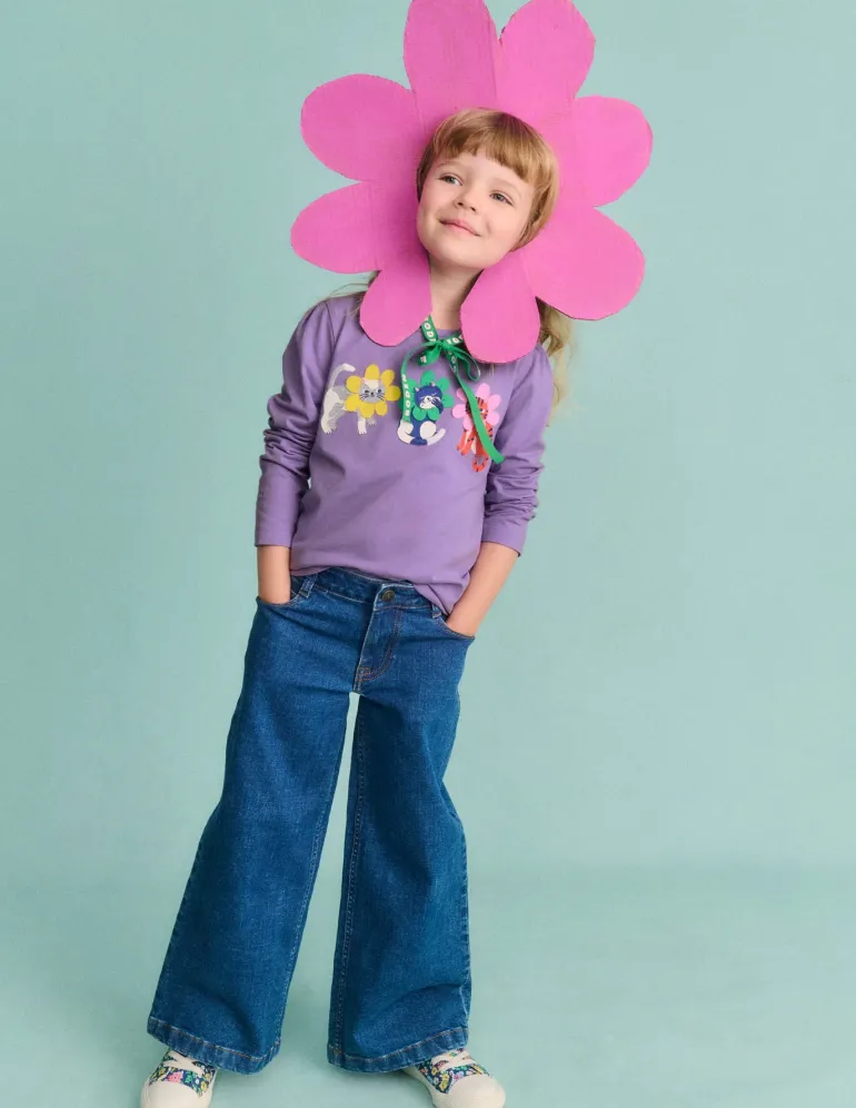 Puff Sleeve Applique T-shirt-Aster Purple Flower Cats-Boden Online