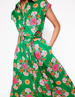 Rachel Cotton Midi Shirt Dress-Rich Emerald, Meadow Posy-Boden New