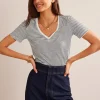 Regular V-Neck Slub T-shirt-Ivory, Navy-Boden Clearance