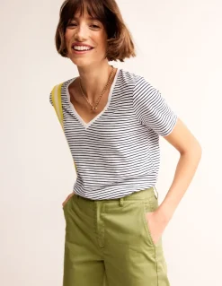 Regular V-Neck Slub T-shirt-Ivory, Navy-Boden Flash Sale