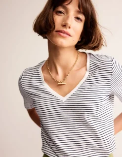 Regular V-Neck Slub T-shirt-Ivory, Navy-Boden Flash Sale