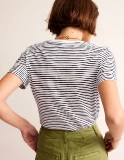 Regular V-Neck Slub T-shirt-Ivory, Navy-Boden Flash Sale