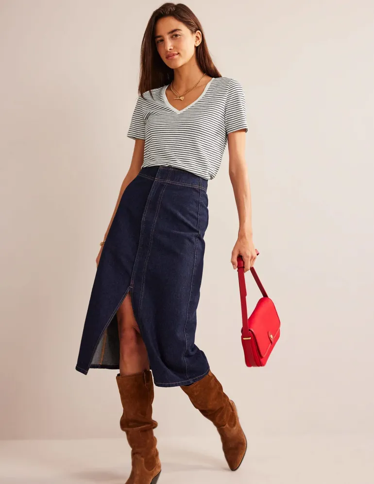 Regular V-Neck Slub T-shirt-Ivory, Navy-Boden Clearance