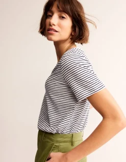 Regular V-Neck Slub T-shirt-Ivory, Navy-Boden Flash Sale