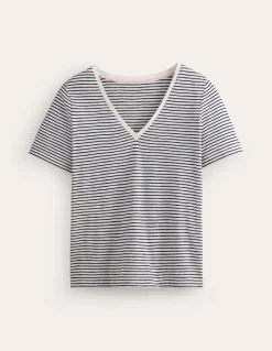 Regular V-Neck Slub T-shirt-Ivory, Navy-Boden Flash Sale