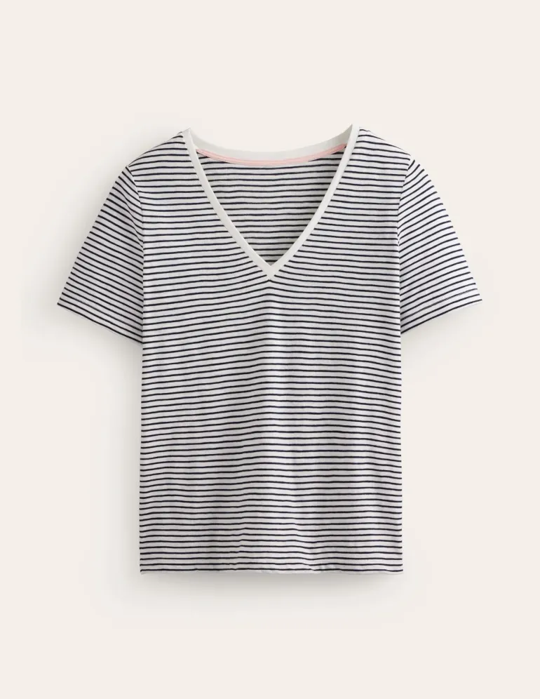 Regular V-Neck Slub T-shirt-Ivory, Navy-Boden Flash Sale