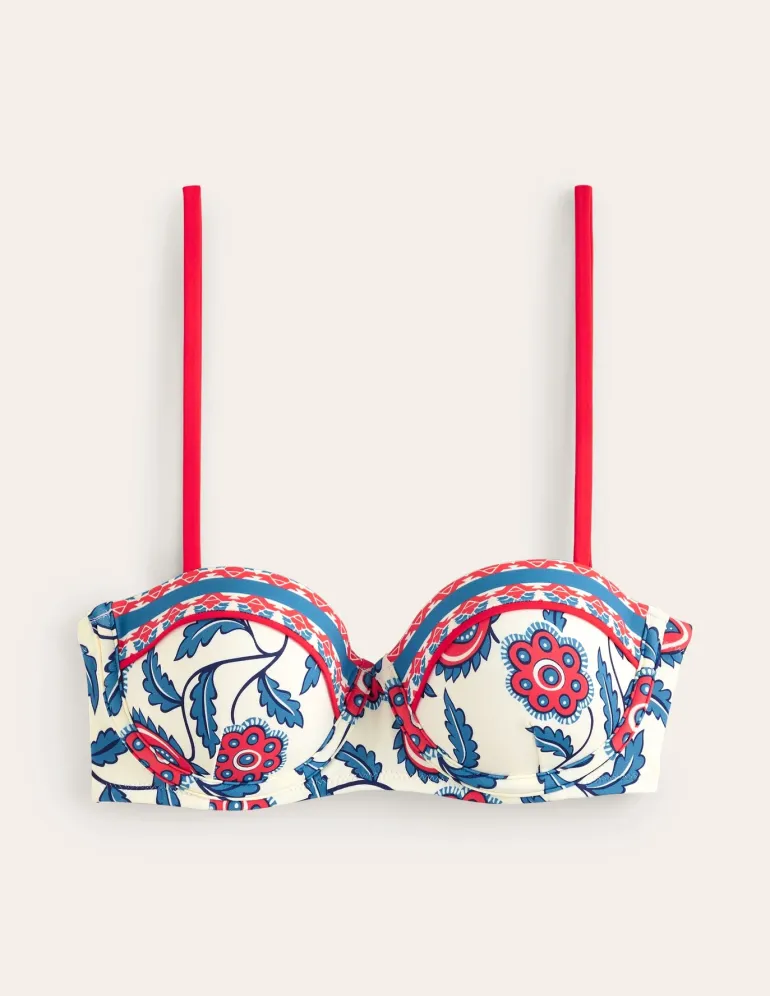 Rhodes Cup-Size Bikini Top-Ivory, Floret Vine-Boden Clearance